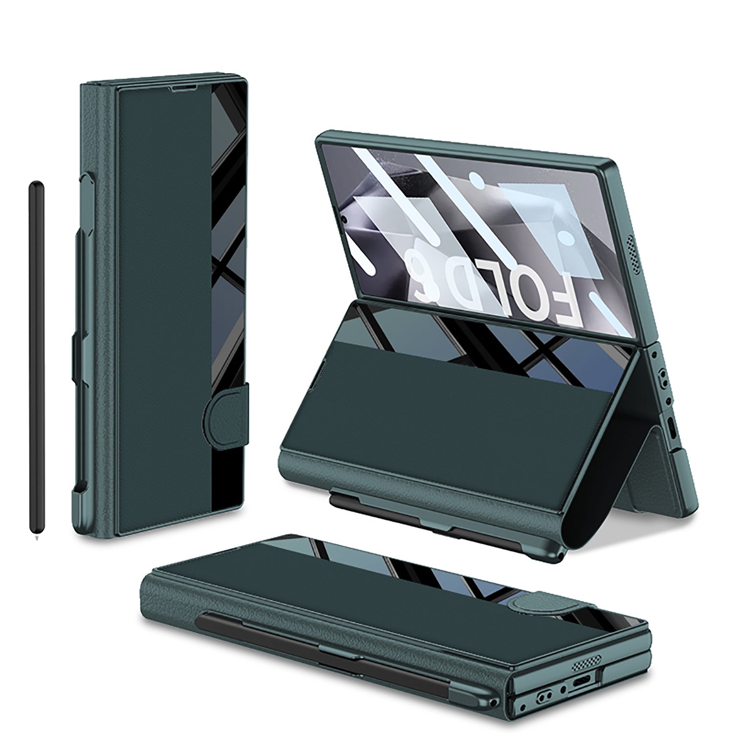 Leather Card Holder Pen-Slot Phone Cover With Glass Screen Protector For Galaxy Z Fold 6