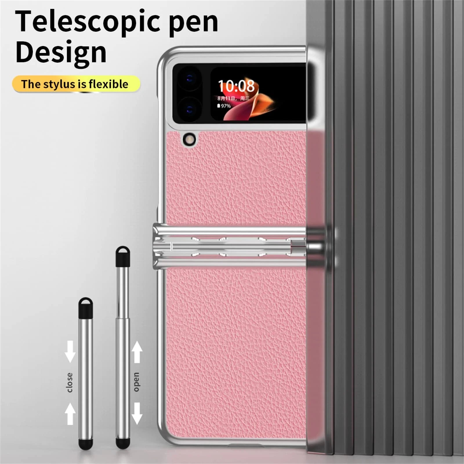 Suitable for Samsung Z Flip 3/4/5/6 case electroplating pure leather hinge with spen stylus full cover protective case