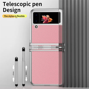 Suitable for Samsung Z Flip 3/4/5/6 case electroplating pure leather hinge with spen stylus full cover protective case