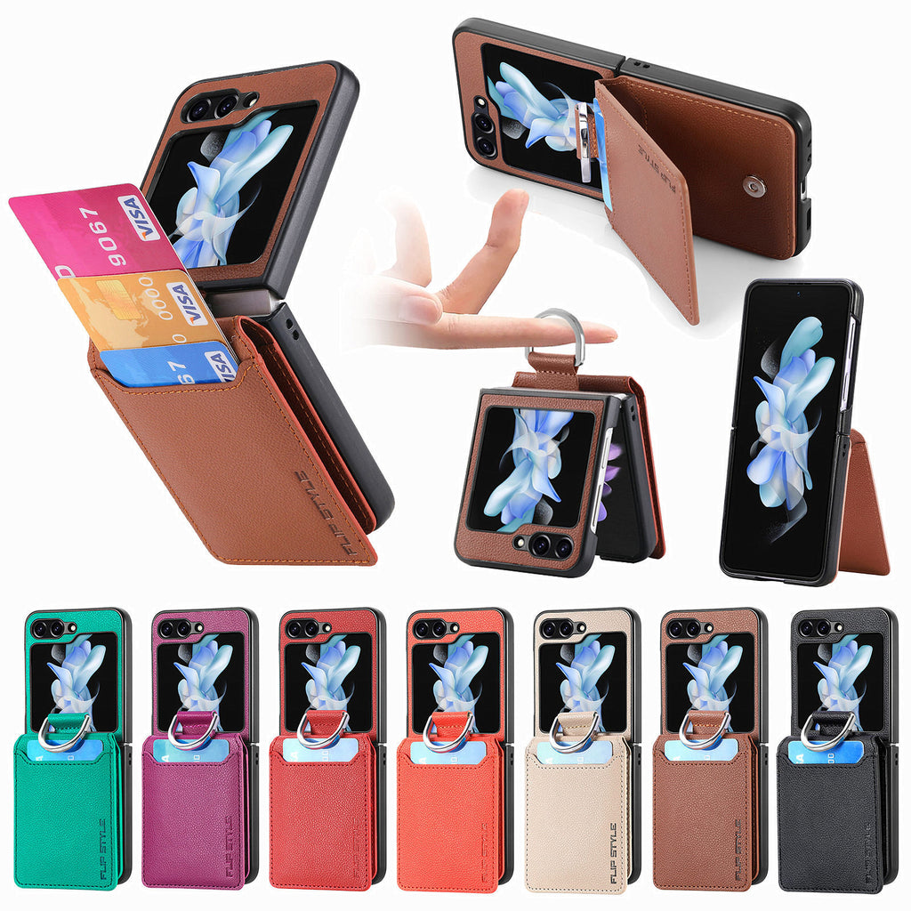 For Samsung ZFlip5/4/3 Lychee Dermatoglyph Ring Wallet Case