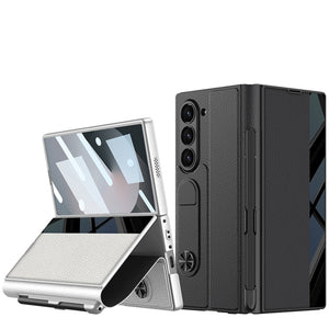 Leather Card Holder Pen-Slot Phone Cover With Glass Screen Protector For Galaxy Z Fold 6