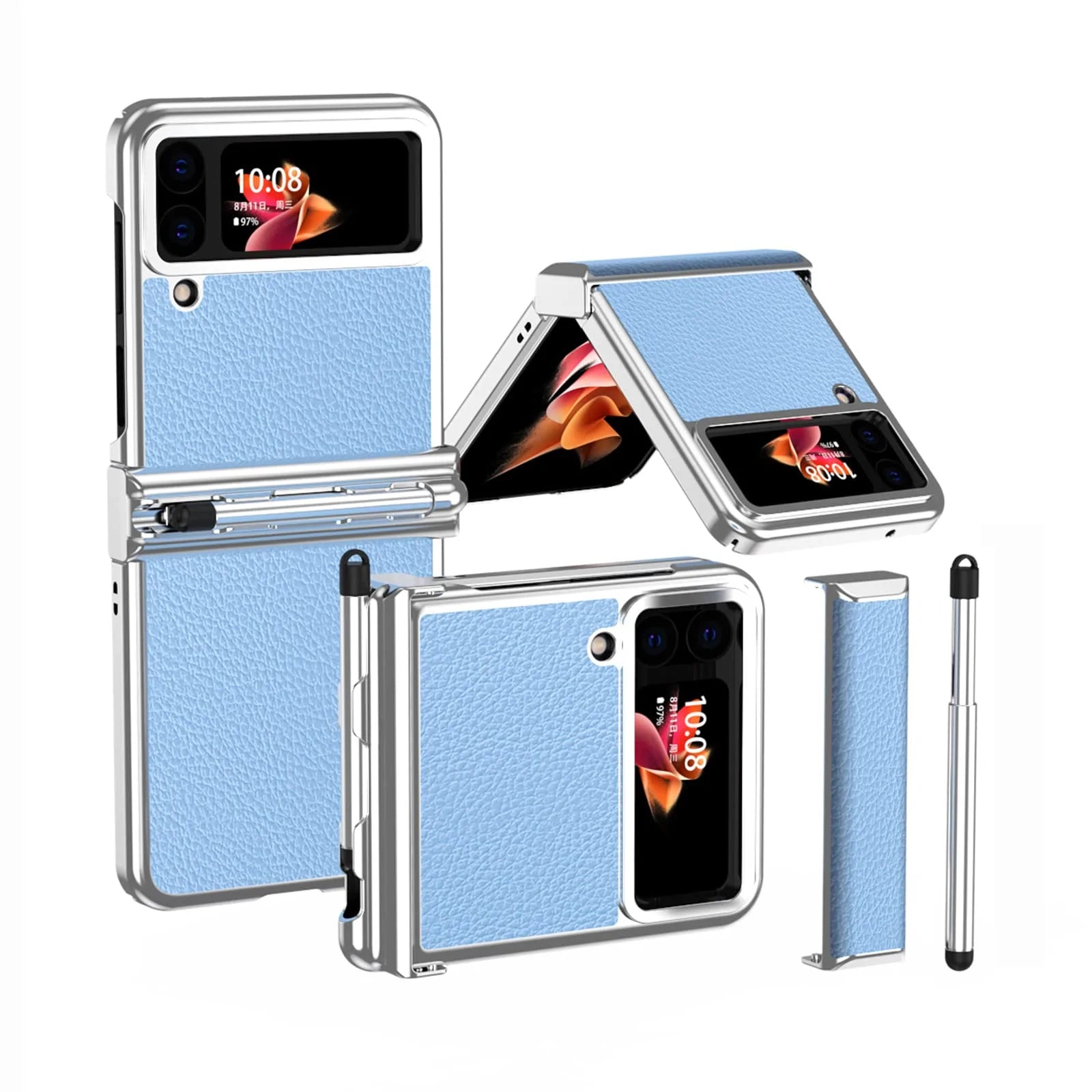 Suitable for Samsung Z Flip 3/4/5/6 case electroplating pure leather hinge with spen stylus full cover protective case