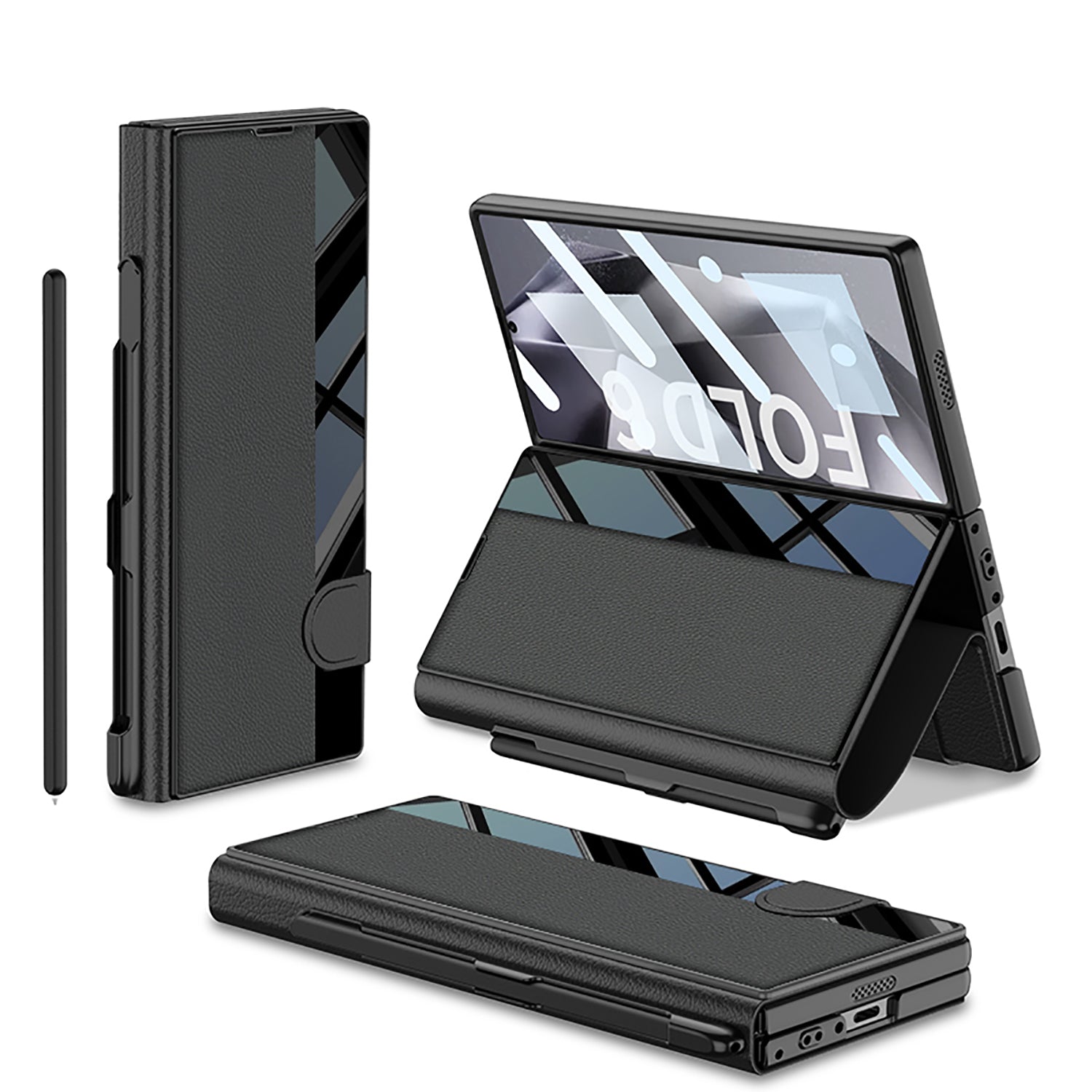 Leather Card Holder Pen-Slot Phone Cover With Glass Screen Protector For Galaxy Z Fold 6