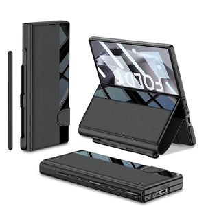 Leather Card Holder Pen-Slot Phone Cover With Glass Screen Protector For Galaxy Z Fold 6