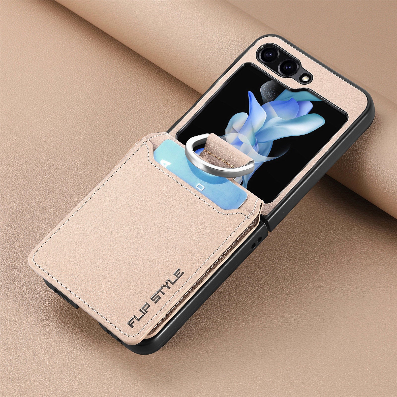 For Samsung ZFlip5/4/3 Lychee Dermatoglyph Ring Wallet Case