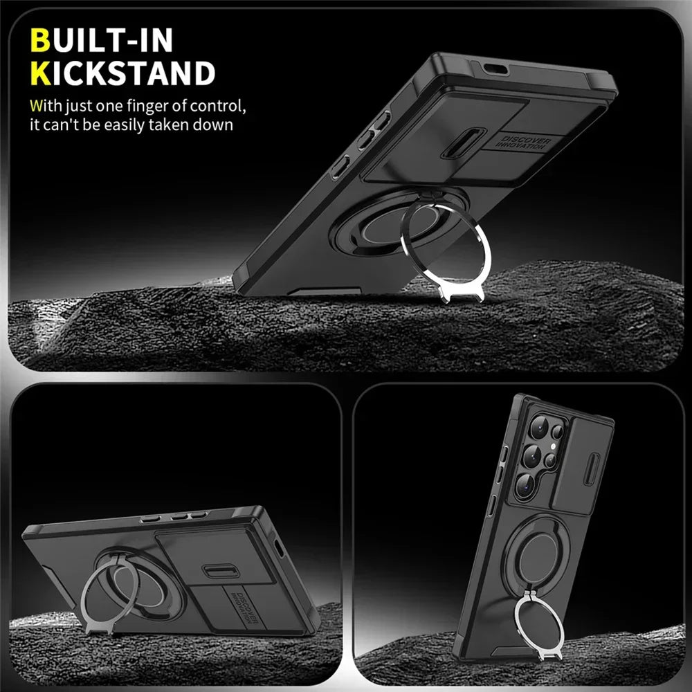 New Hidden Sliding Window Magnetic Ring Holder Phone Case for Samsung S25 Ultra