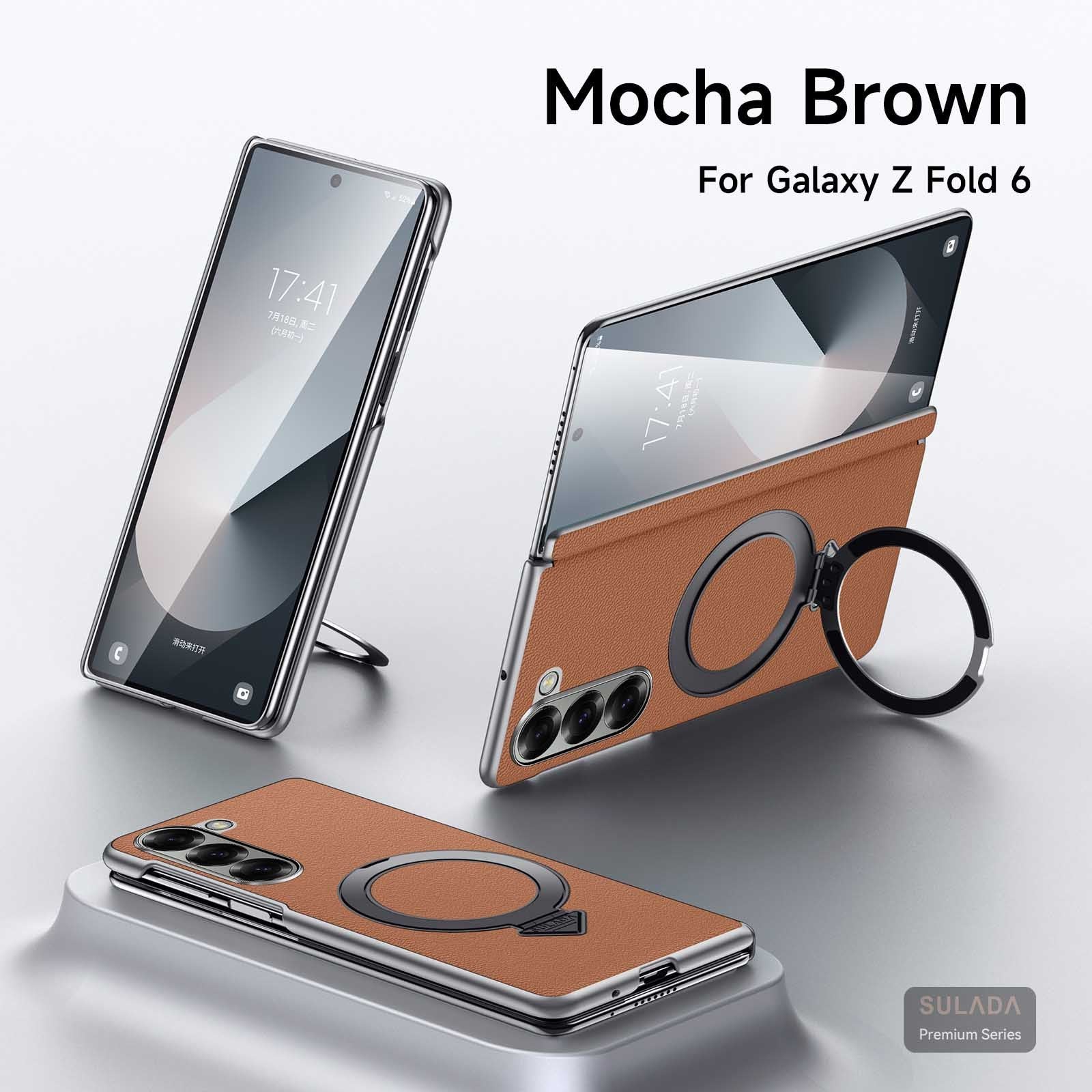 Samsung Z Fold 6/ Z Fold 5 Leather Case with Stand, Hinge Axis Protection Cove