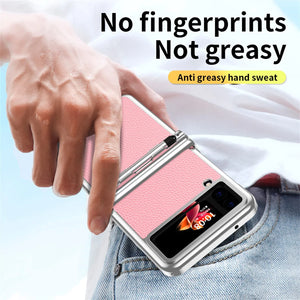 Suitable for Samsung Z Flip 3/4/5/6 case electroplating pure leather hinge with spen stylus full cover protective case