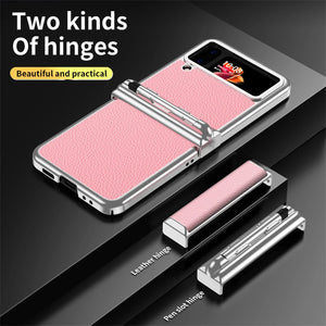 Suitable for Samsung Z Flip 3/4/5/6 case electroplating pure leather hinge with spen stylus full cover protective case