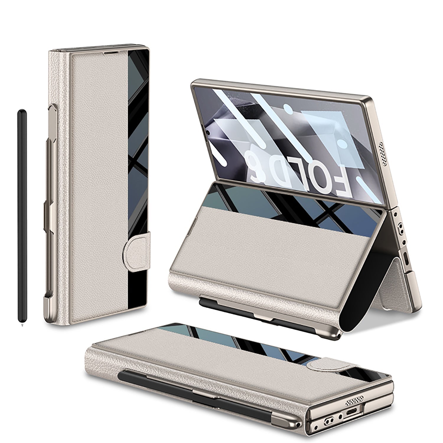 Leather Card Holder Pen-Slot Phone Cover With Glass Screen Protector For Galaxy Z Fold 6