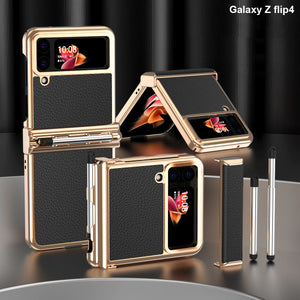 Suitable for Samsung Z Flip 3/4/5/6 case electroplating pure leather hinge with spen stylus full cover protective case
