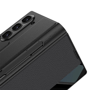 Leather Card Holder Pen-Slot Phone Cover With Glass Screen Protector For Galaxy Z Fold 6