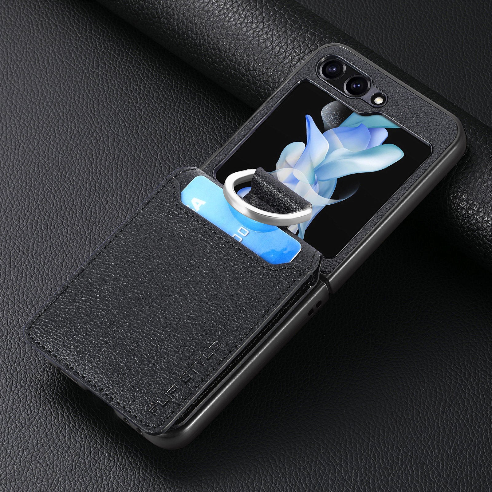 For Samsung ZFlip5/4/3 Lychee Dermatoglyph Ring Wallet Case