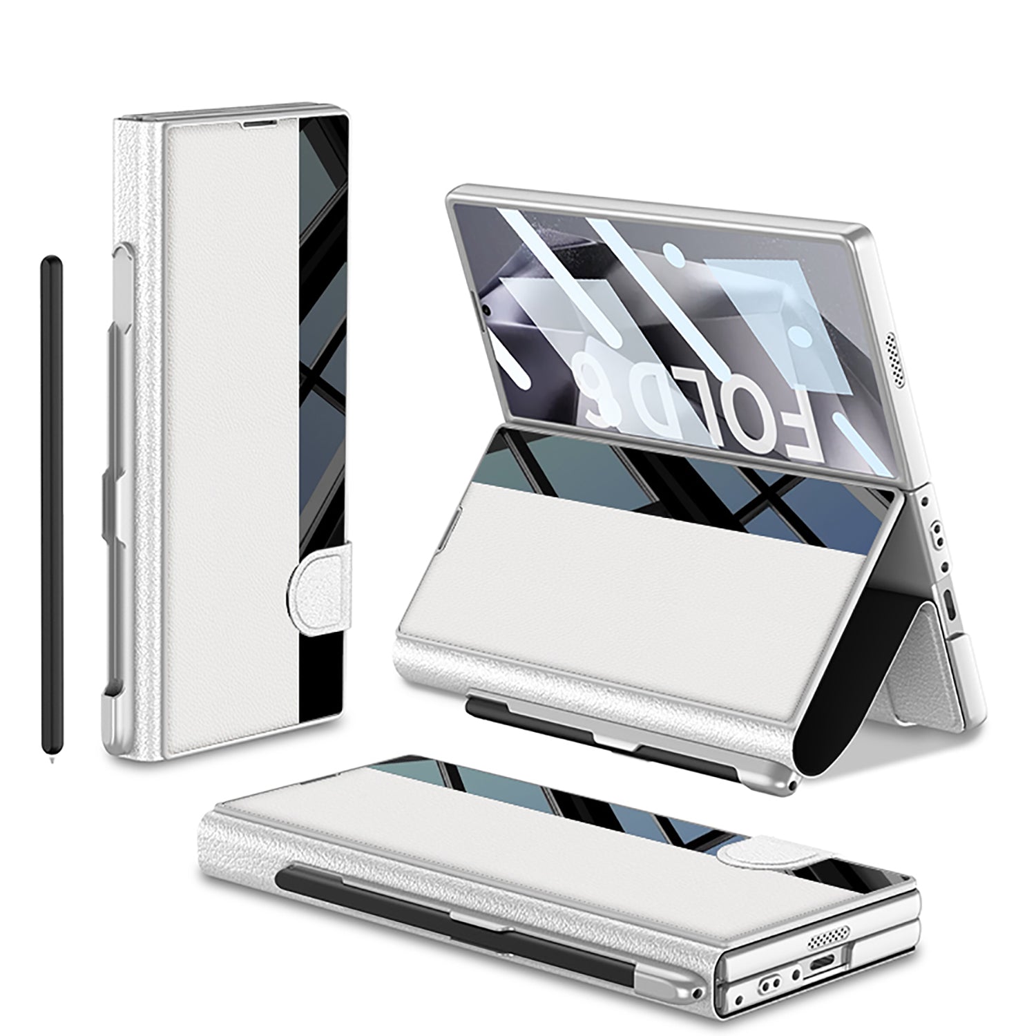 Leather Card Holder Pen-Slot Phone Cover With Glass Screen Protector For Galaxy Z Fold 6