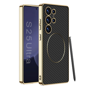 Shockproof Leather Golden Phone Case Support Wireless Charge For Galaxy S25 S24 S23 Ultra