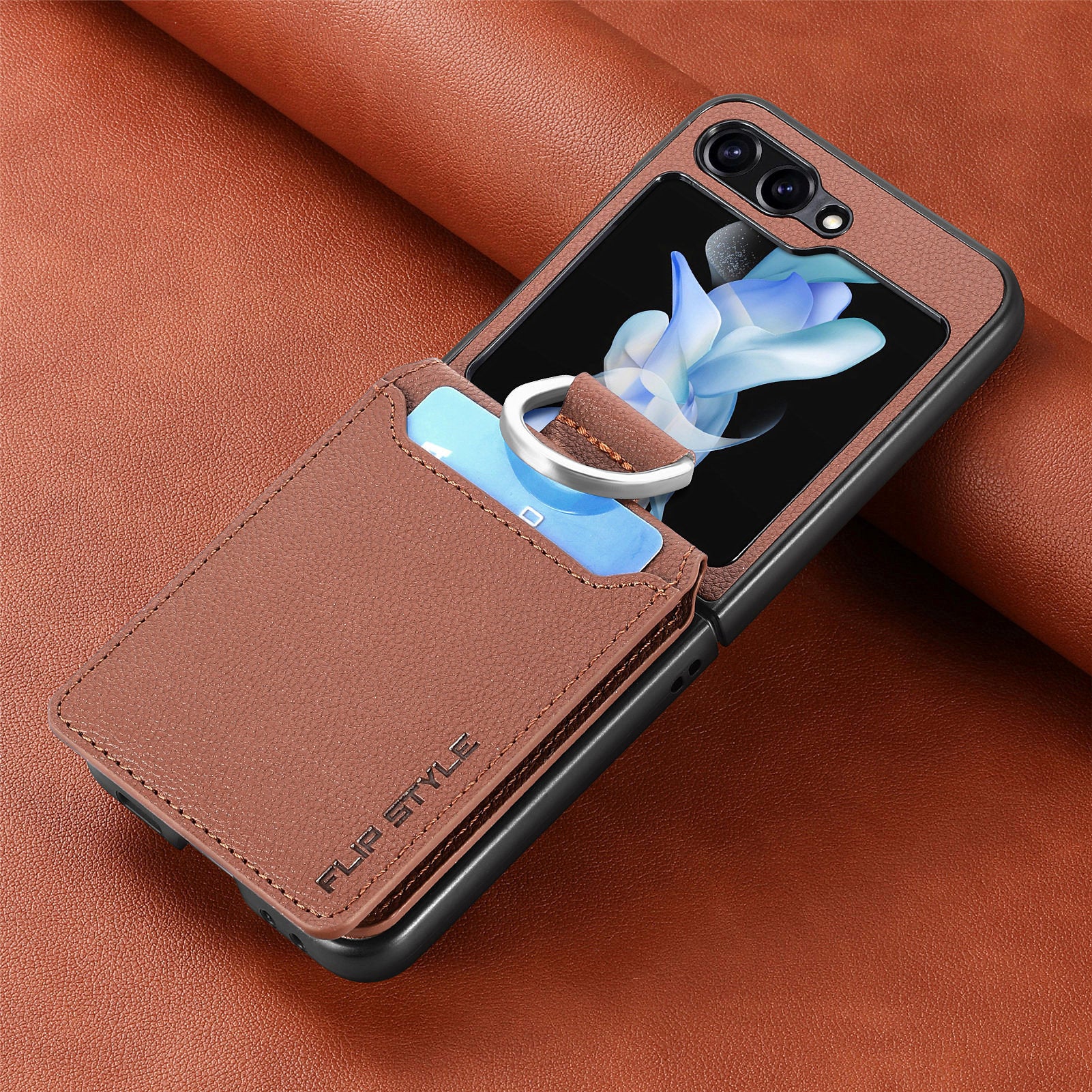 For Samsung ZFlip5/4/3 Lychee Dermatoglyph Ring Wallet Case