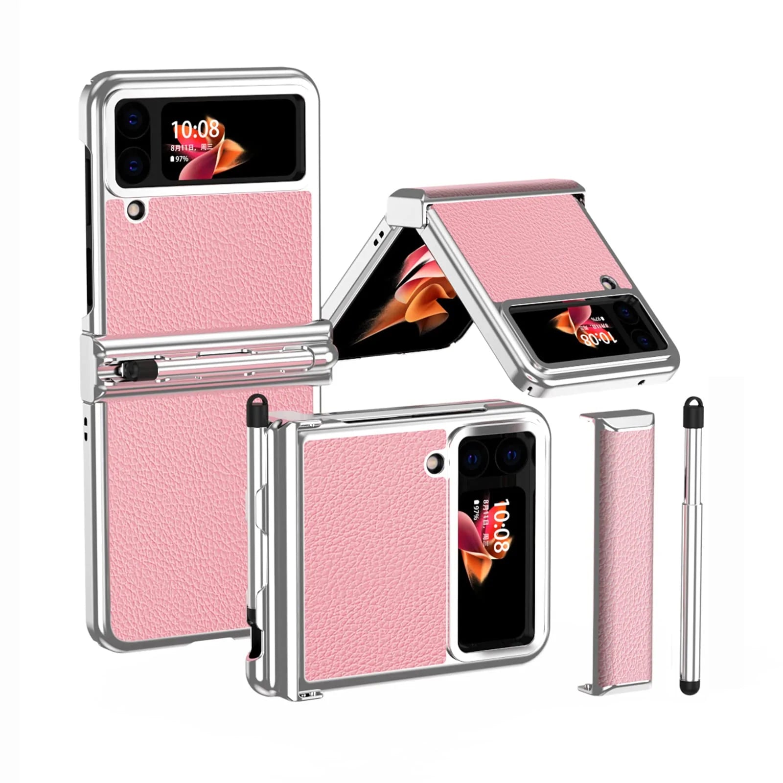Suitable for Samsung Z Flip 3/4/5/6 case electroplating pure leather hinge with spen stylus full cover protective case
