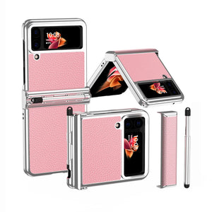 Suitable for Samsung Z Flip 3/4/5/6 case electroplating pure leather hinge with spen stylus full cover protective case