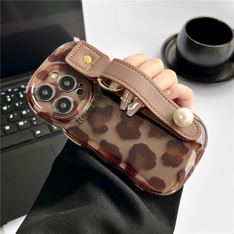 Leather case compatible with iPhone 15 16 case with wrist strap, leopard print.