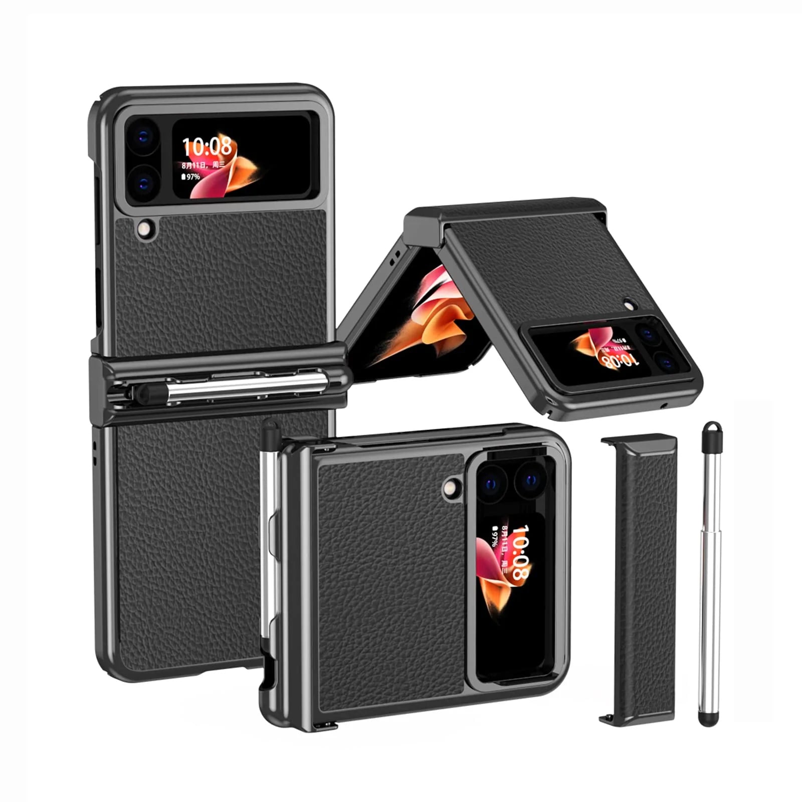Suitable for Samsung Z Flip 3/4/5/6 case electroplating pure leather hinge with spen stylus full cover protective case