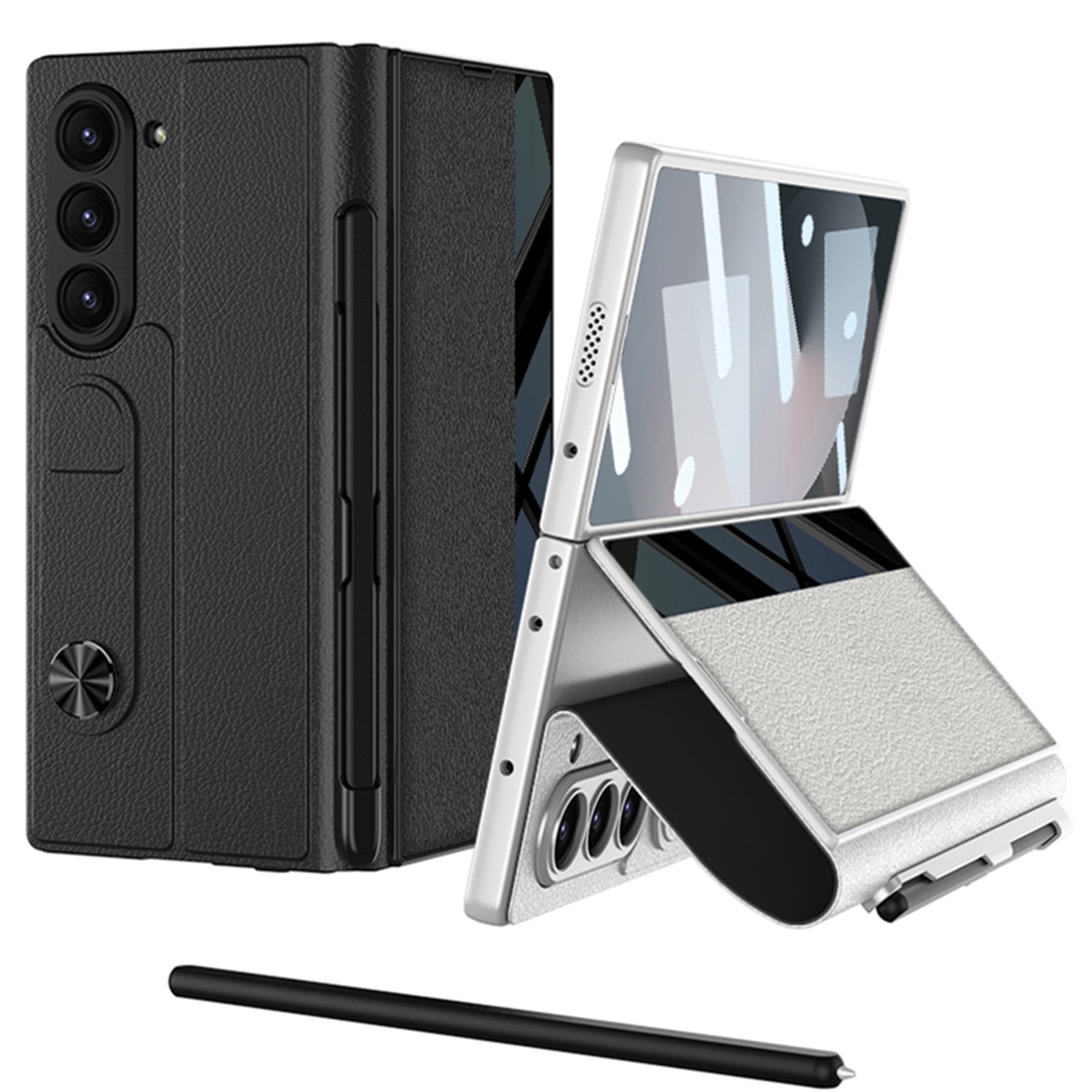 Leather Card Holder Pen-Slot Phone Cover With Glass Screen Protector For Galaxy Z Fold 6