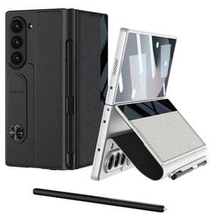 Leather Card Holder Pen-Slot Phone Cover With Glass Screen Protector For Galaxy Z Fold 6