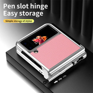 Suitable for Samsung Z Flip 3/4/5/6 case electroplating pure leather hinge with spen stylus full cover protective case