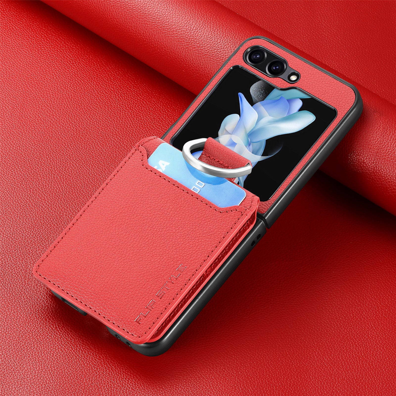 For Samsung ZFlip5/4/3 Lychee Dermatoglyph Ring Wallet Case