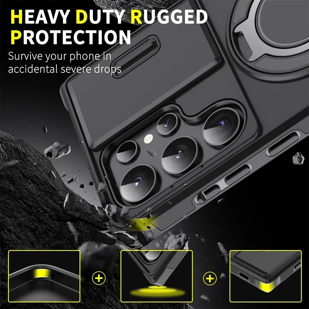 New Hidden Sliding Window Magnetic Ring Holder Phone Case for Samsung S25 Ultra