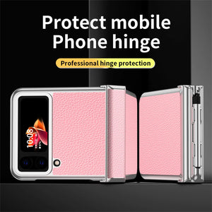 Suitable for Samsung Z Flip 3/4/5/6 case electroplating pure leather hinge with spen stylus full cover protective case