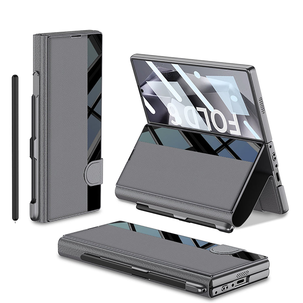 Leather Card Holder Pen-Slot Phone Cover With Glass Screen Protector For Galaxy Z Fold 6
