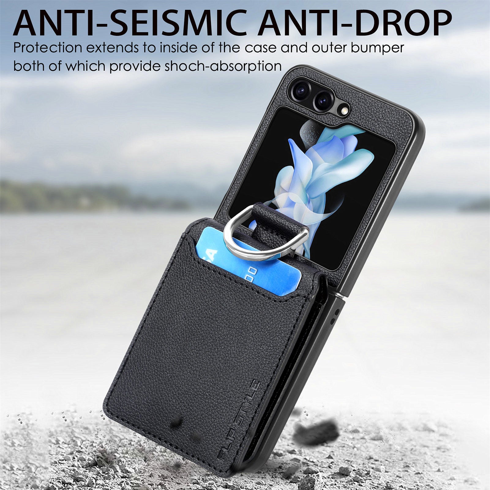 For Samsung ZFlip5/4/3 Lychee Dermatoglyph Ring Wallet Case