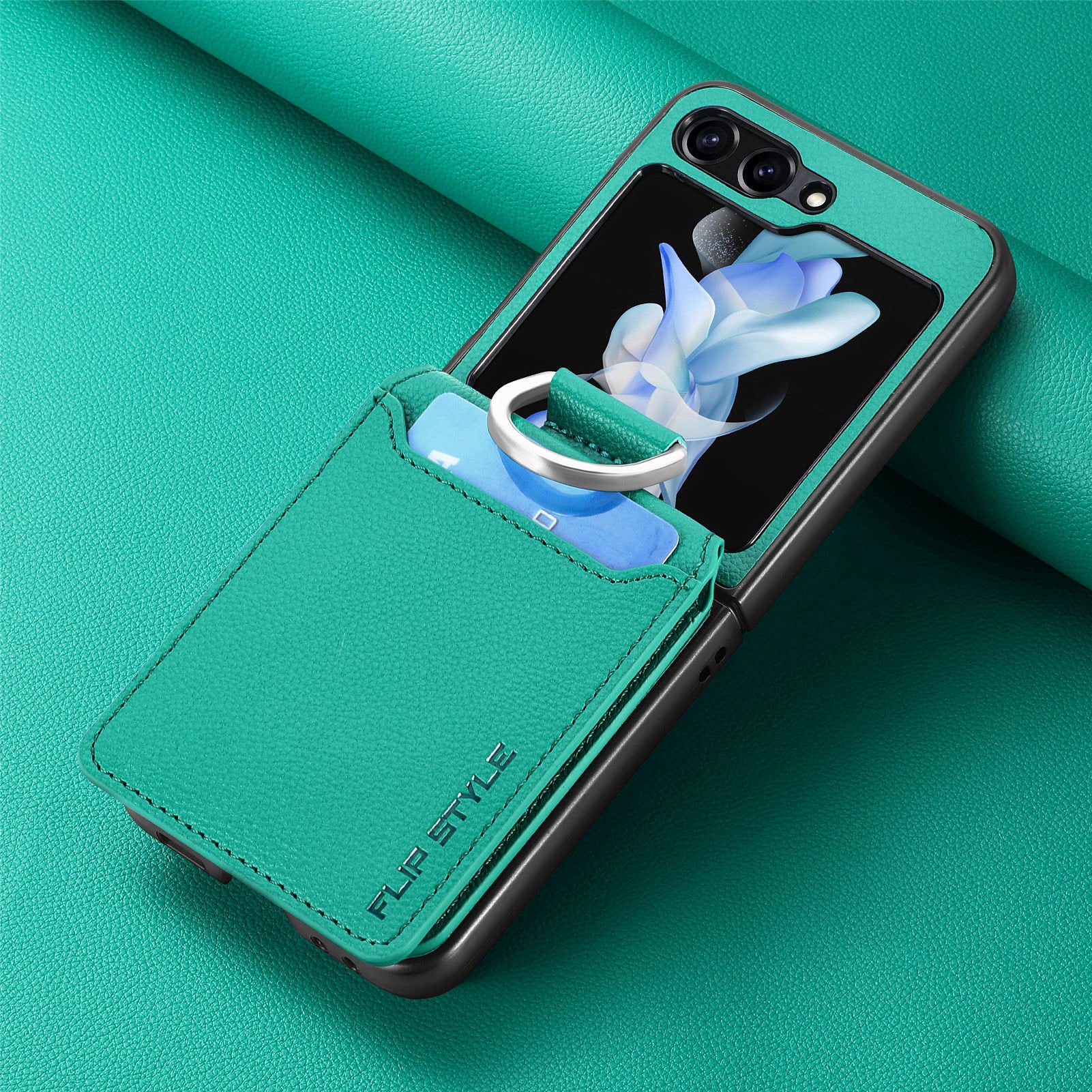 For Samsung ZFlip5/4/3 Lychee Dermatoglyph Ring Wallet Case