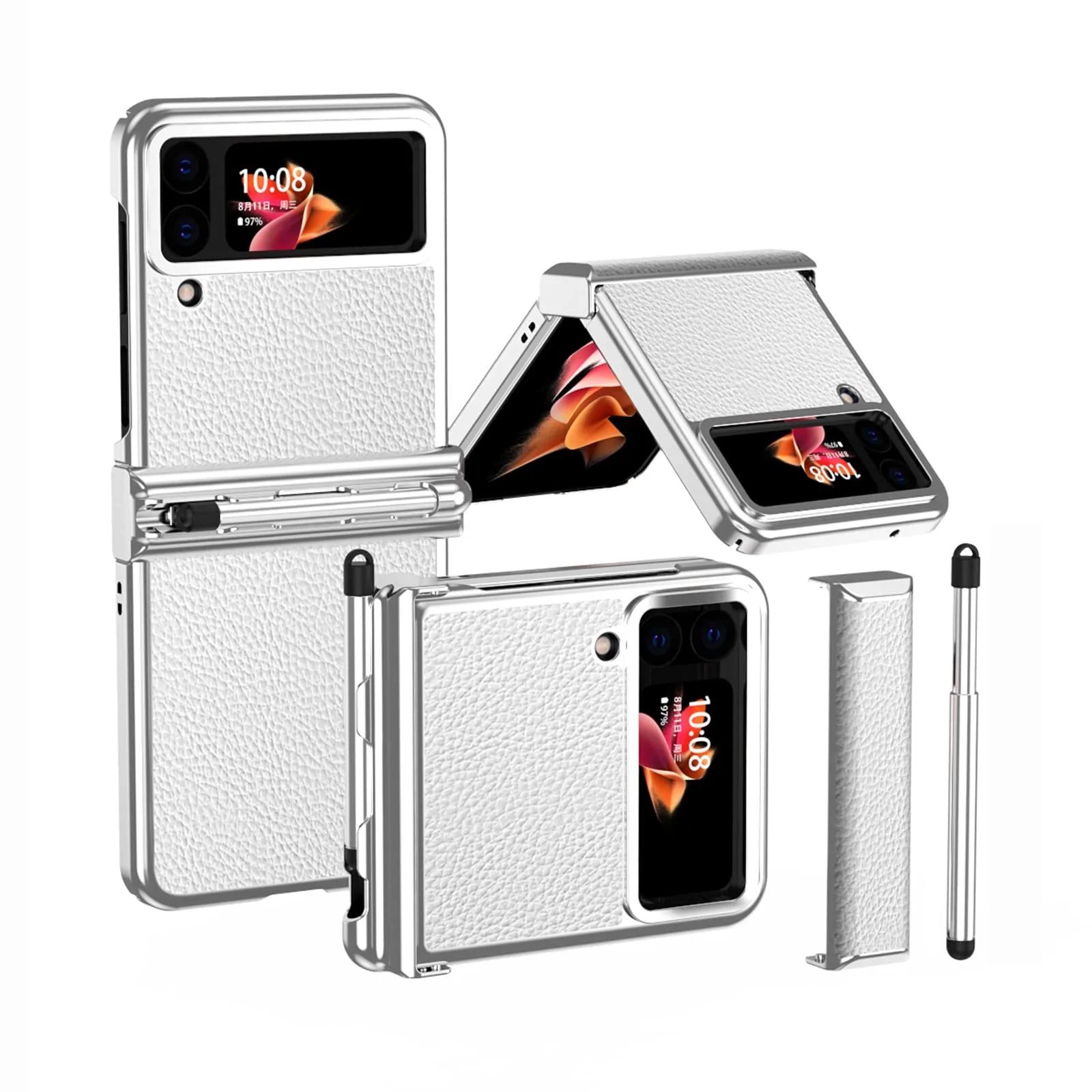 Suitable for Samsung Z Flip 3/4/5/6 case electroplating pure leather hinge with spen stylus full cover protective case