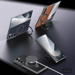 Samsung Z Fold 6/ Z Fold 5 Leather Case with Stand, Hinge Axis Protection Cove