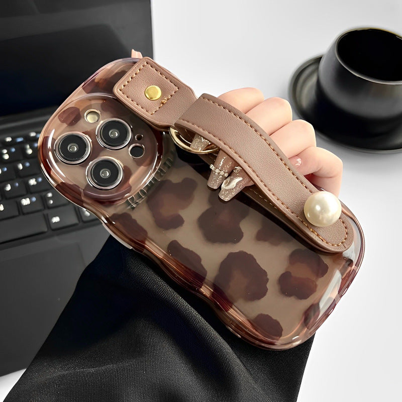 Leather case compatible with iPhone 15 16 case with wrist strap, leopard print.