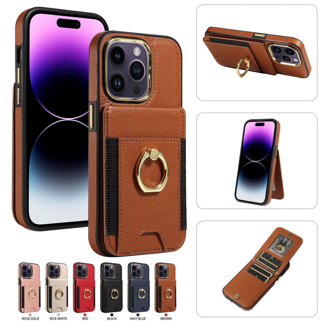 For iPhone15 Series Back Cover Ring Buckle Protection Leather Case