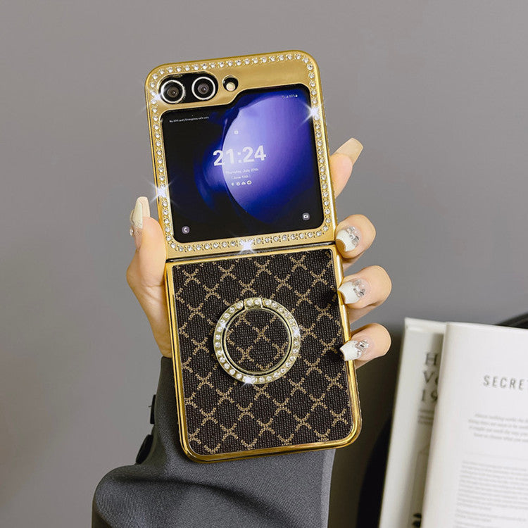 Suitable for Samsung Zflip Mmobile Phone Case Electroplated Rhinestone Plaid Ring Holder