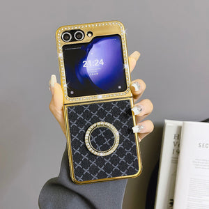 Suitable for Samsung Zflip Mmobile Phone Case Electroplated Rhinestone Plaid Ring Holder