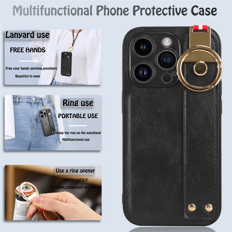 For iPhone 15 Series Ring Leather Protective Case