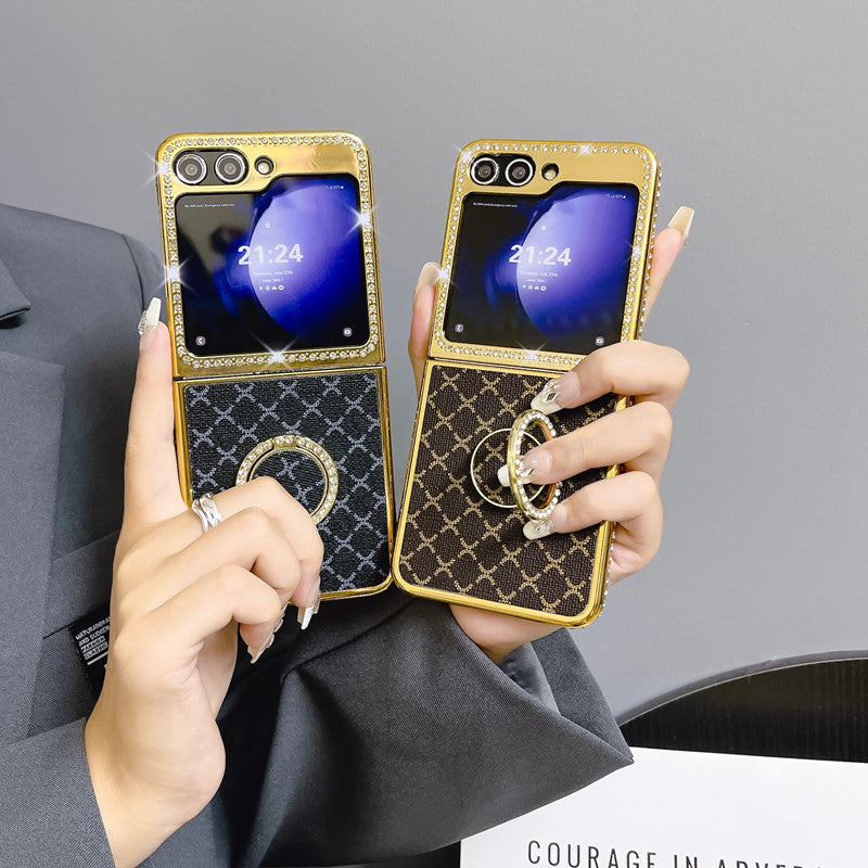 Suitable for Samsung Zflip Mmobile Phone Case Electroplated Rhinestone Plaid Ring Holder