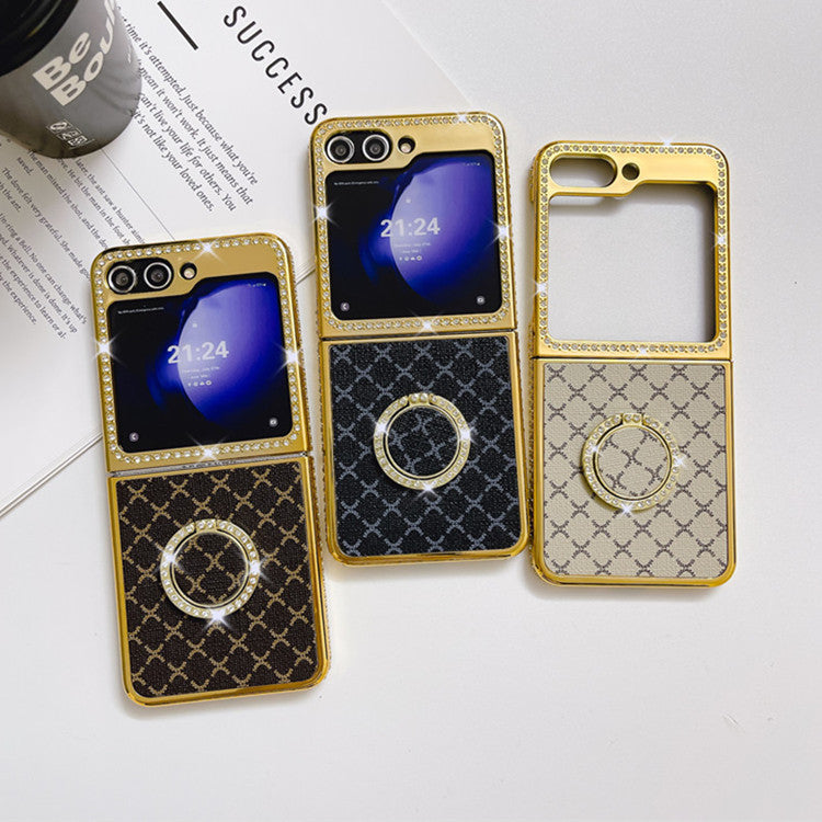 Suitable for Samsung Zflip Mmobile Phone Case Electroplated Rhinestone Plaid Ring Holder