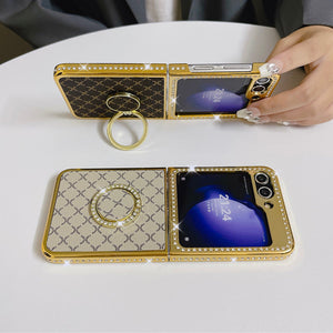 Suitable for Samsung Zflip Mmobile Phone Case Electroplated Rhinestone Plaid Ring Holder