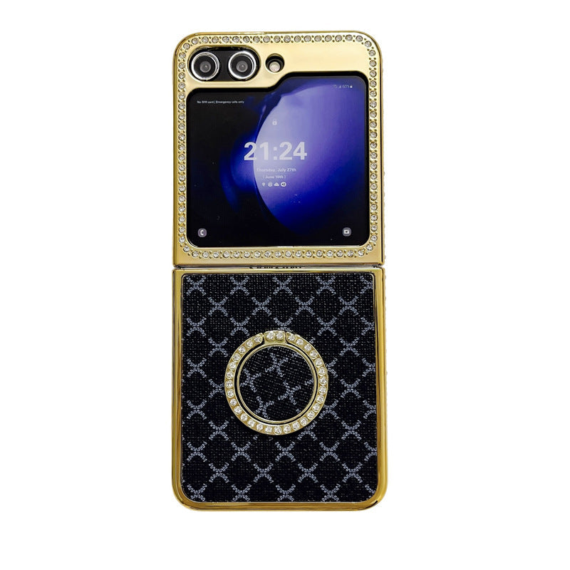 Suitable for Samsung Zflip Mmobile Phone Case Electroplated Rhinestone Plaid Ring Holder