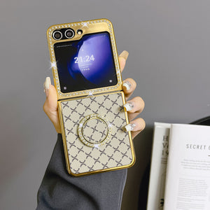 Suitable for Samsung Zflip Mmobile Phone Case Electroplated Rhinestone Plaid Ring Holder