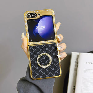 Suitable for Samsung Zflip Mmobile Phone Case Electroplated Rhinestone Plaid Ring Holder