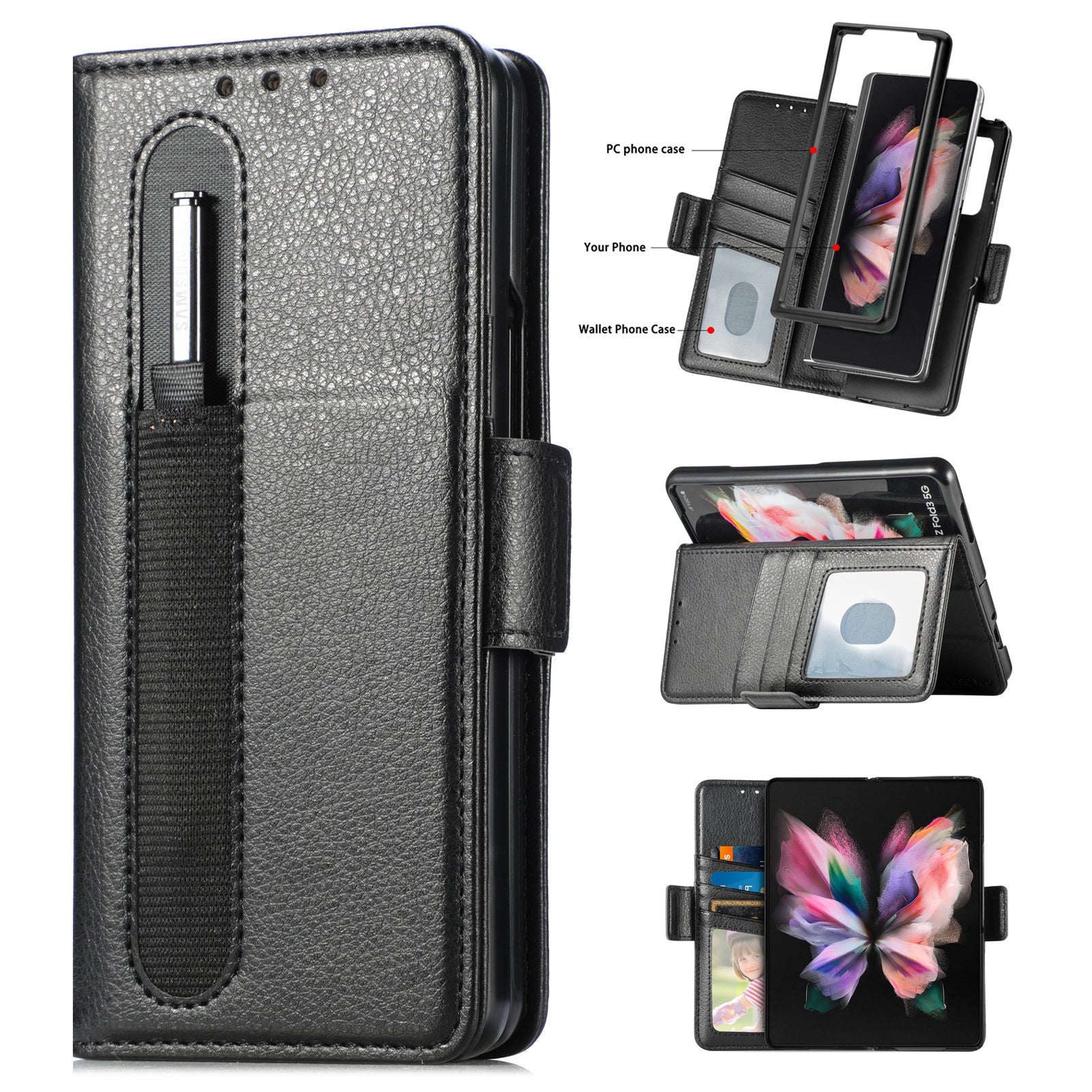 Suitable For Z Fold3 Folding Screen Pen Slot Pen Holder Business Leather Mobile Phone Holster