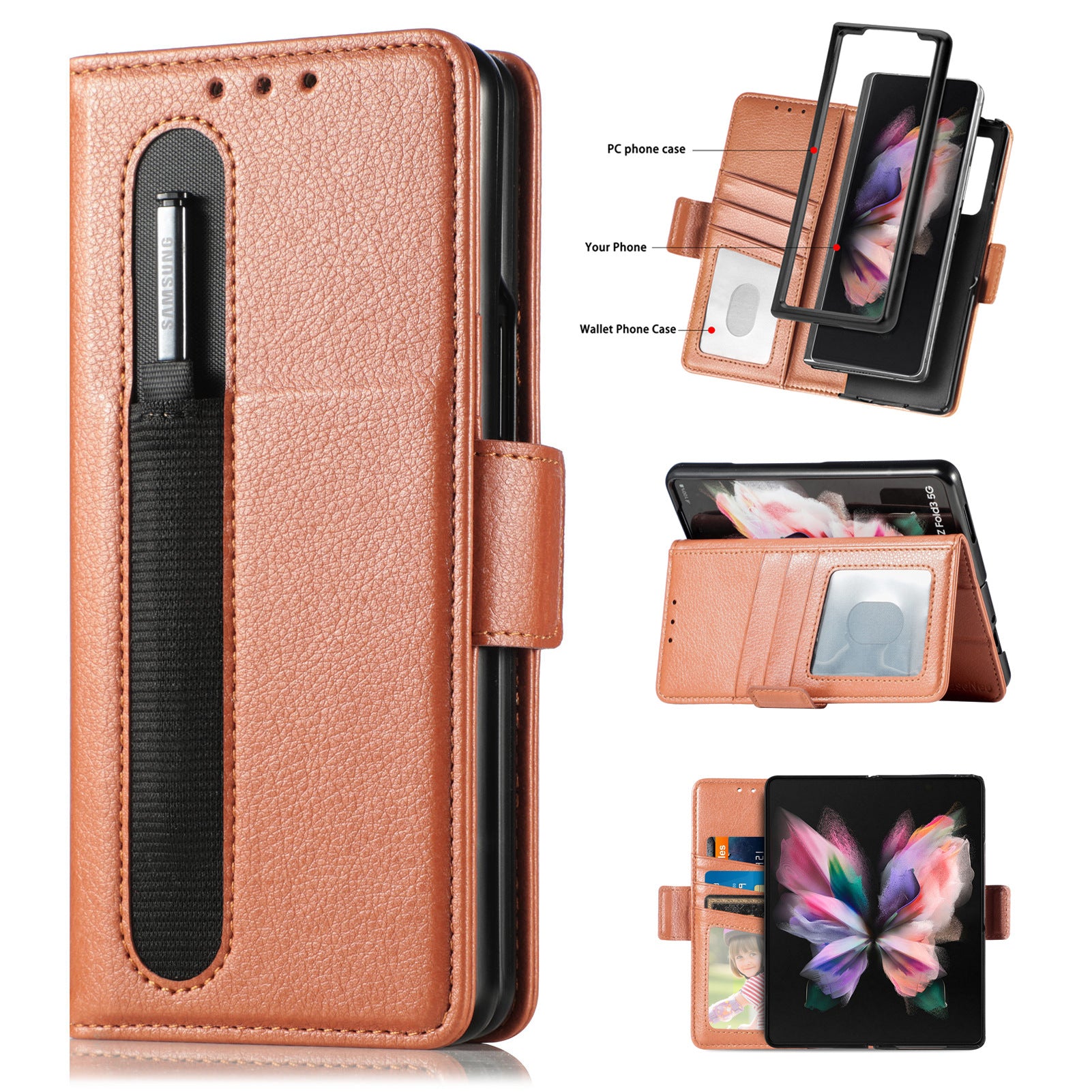 Suitable For Z Fold3 Folding Screen Pen Slot Pen Holder Business Leather Mobile Phone Holster