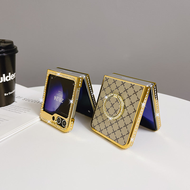 Suitable for Samsung Zflip Mmobile Phone Case Electroplated Rhinestone Plaid Ring Holder