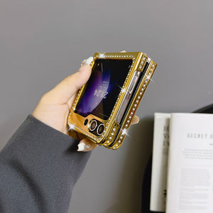 Suitable for Samsung Zflip Mmobile Phone Case Electroplated Rhinestone Plaid Ring Holder
